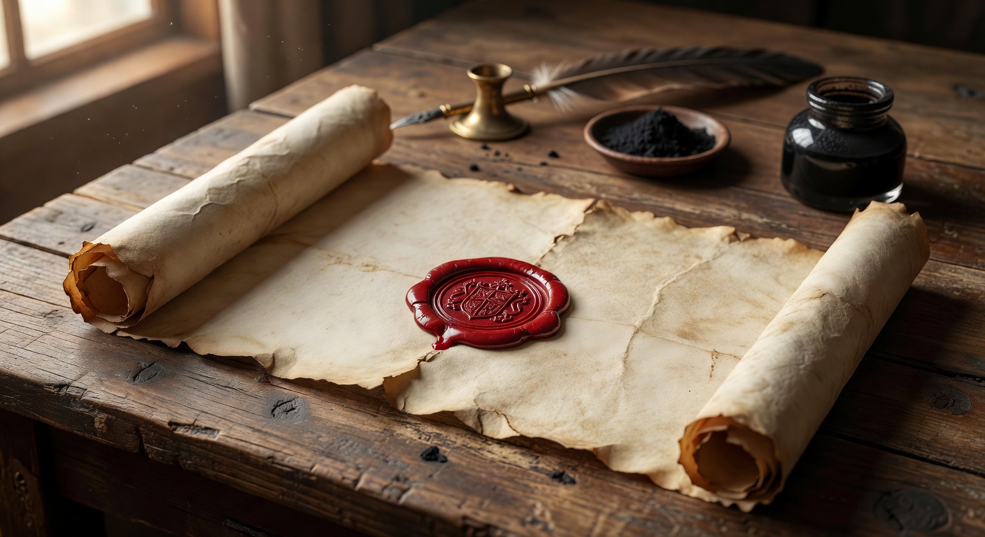 Aged parchment scroll with wax seal on wooden desk