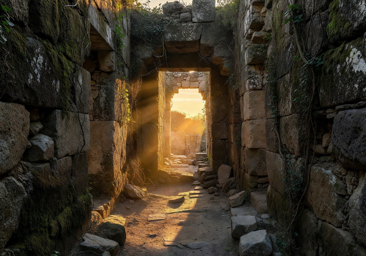 Ancient stone ruins passage with golden light