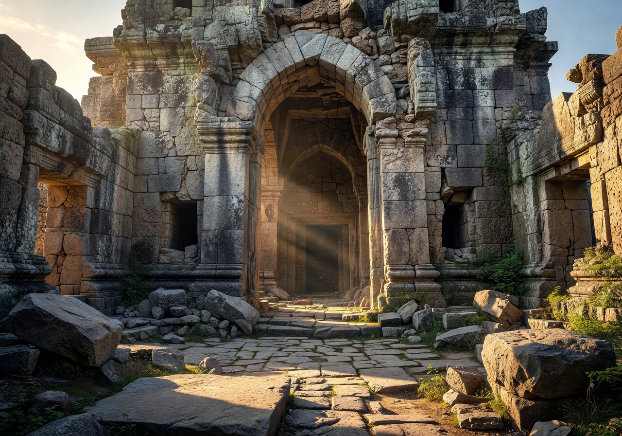 Ancient stone ruins temple entrance with sunlight