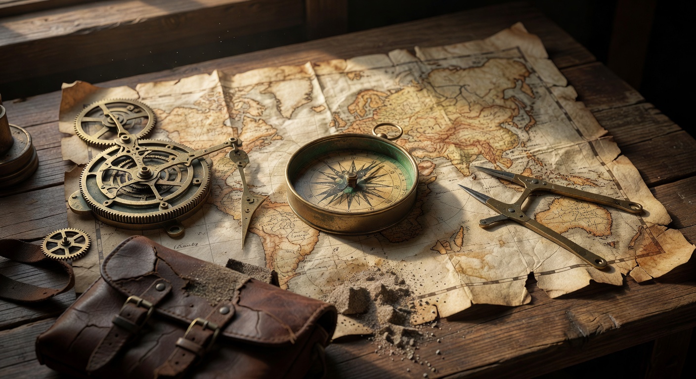 Ancient treasure map parchment with compass and explorer gear