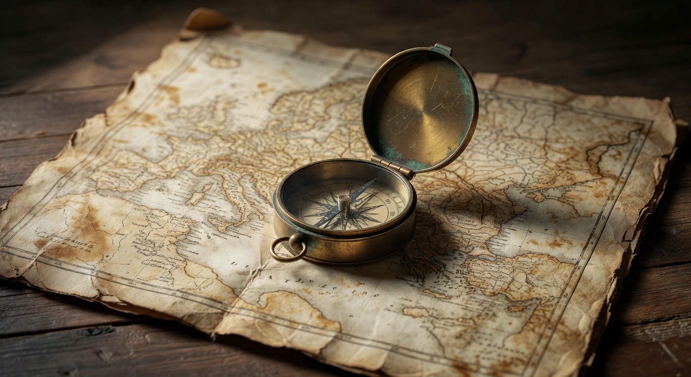 Brass compass resting on old world map