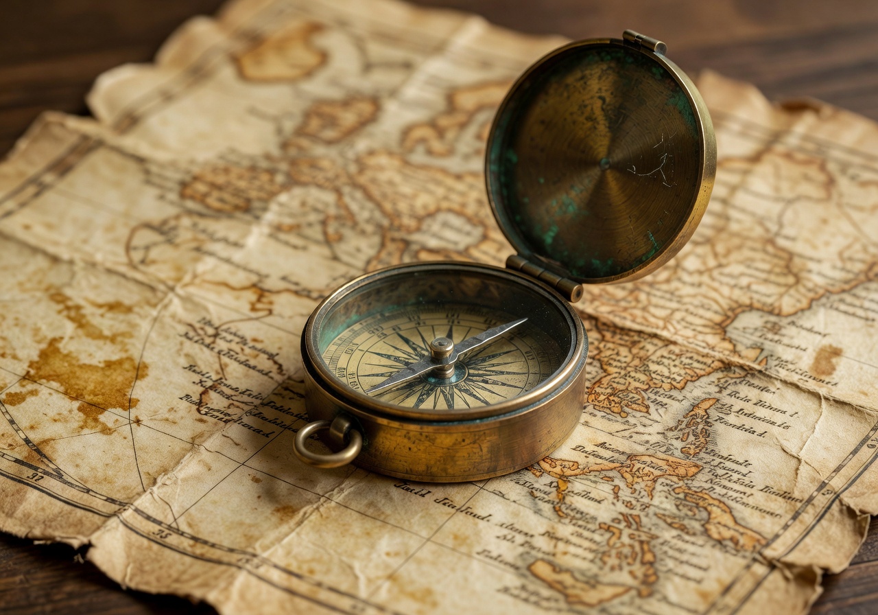 Brass navigation compass on aged map
