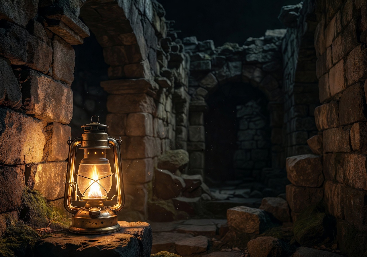 Explorer lantern glowing in dark stone ruins