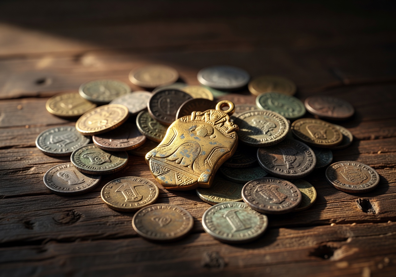 Golden relic artifact and ancient coins on wooden surface