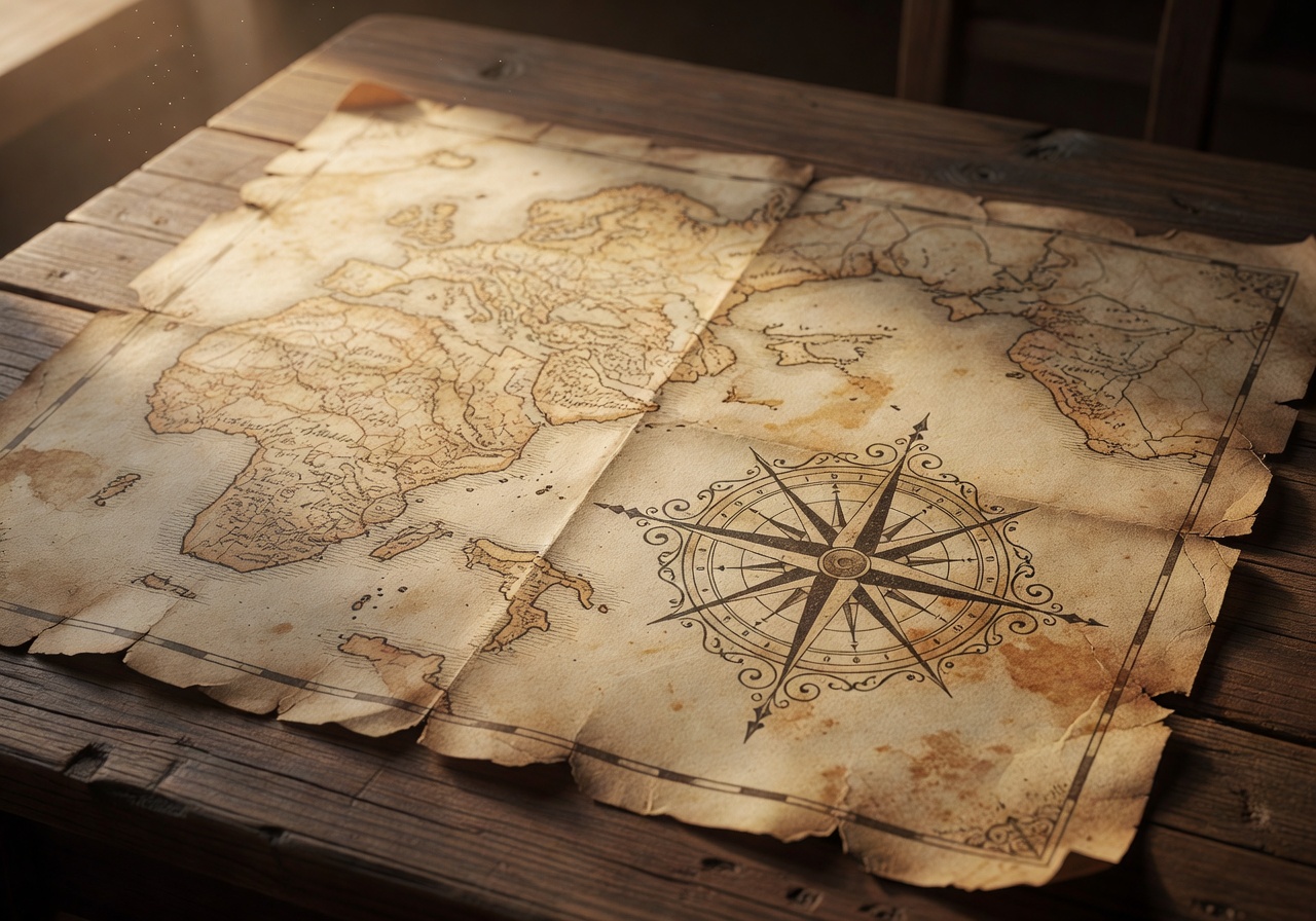 Old parchment treasure map with compass rose