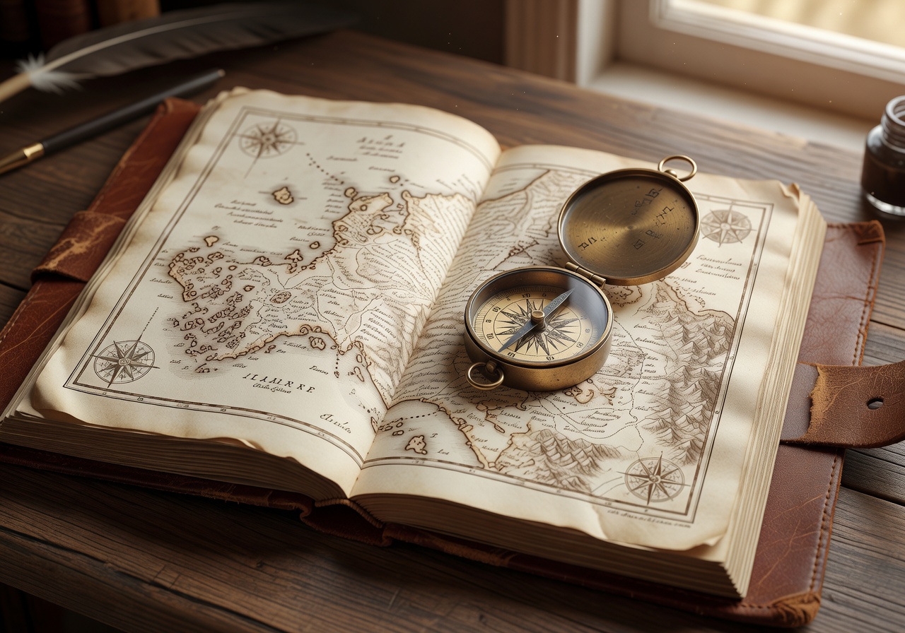 Open leather journal with vintage map and brass compass
