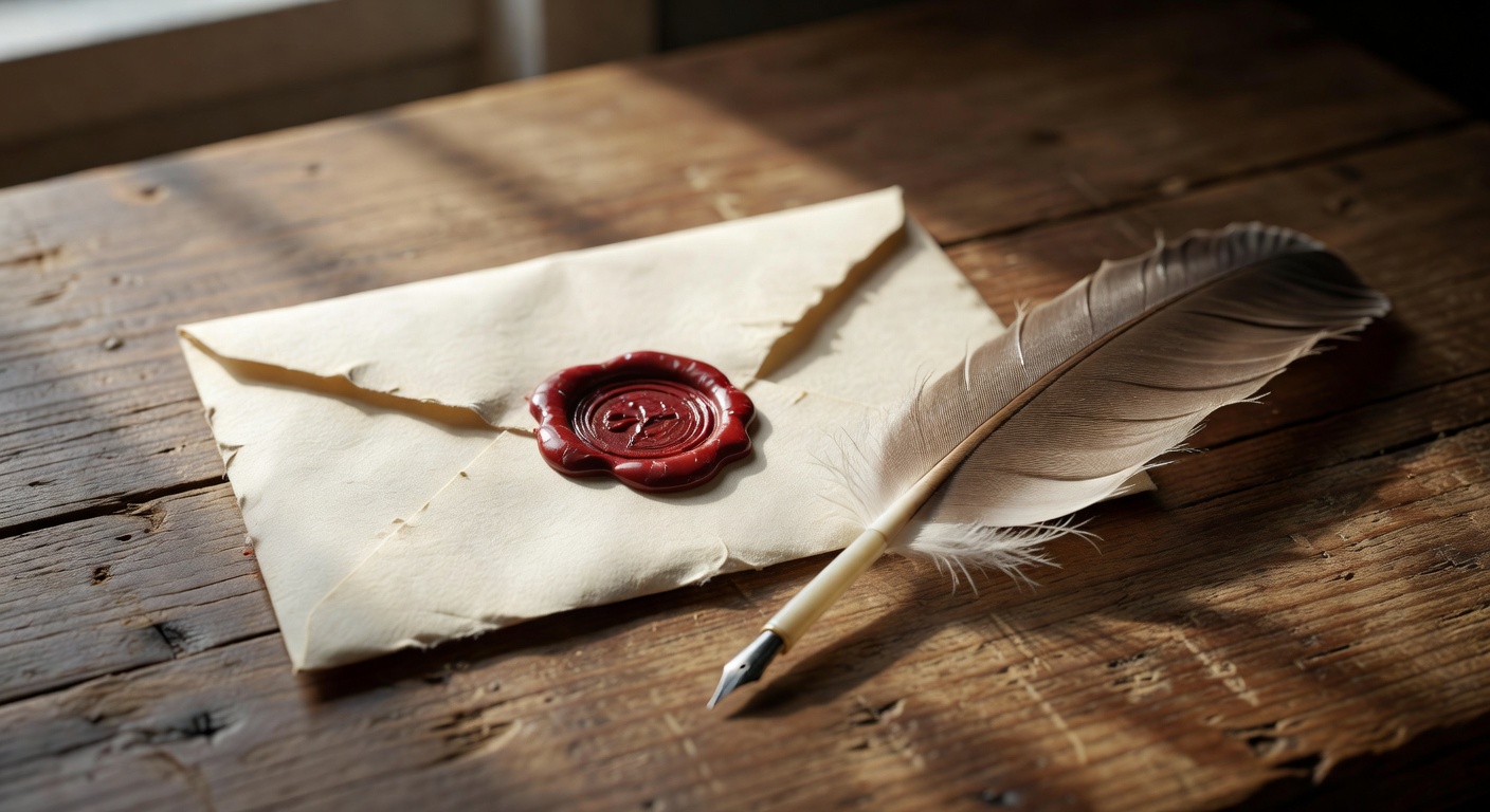 Sealed wax envelope with feather quill on wooden table
