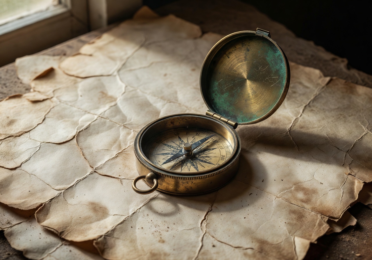 Vintage brass compass on weathered parchment