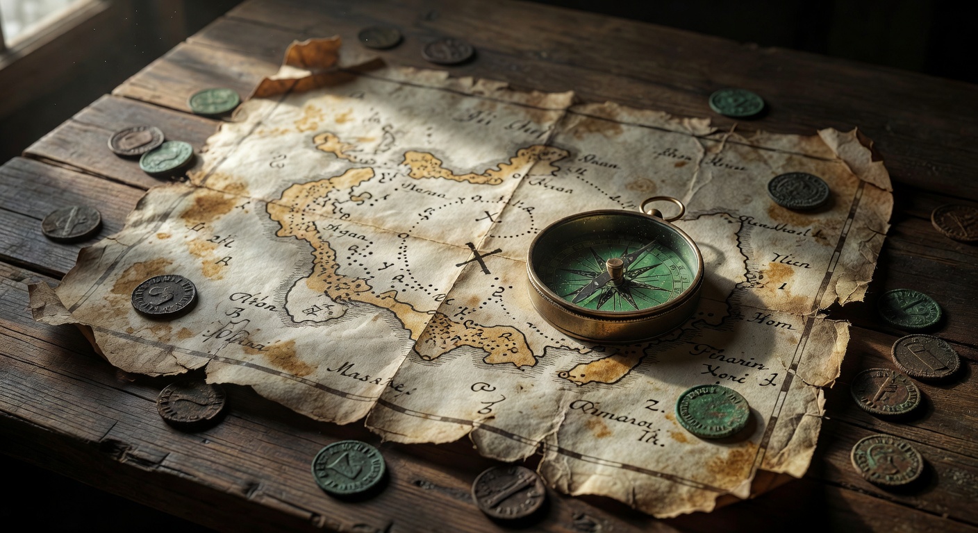 Weathered treasure map with compass and old coins