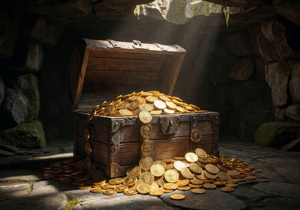 Wooden treasure chest with gold coins